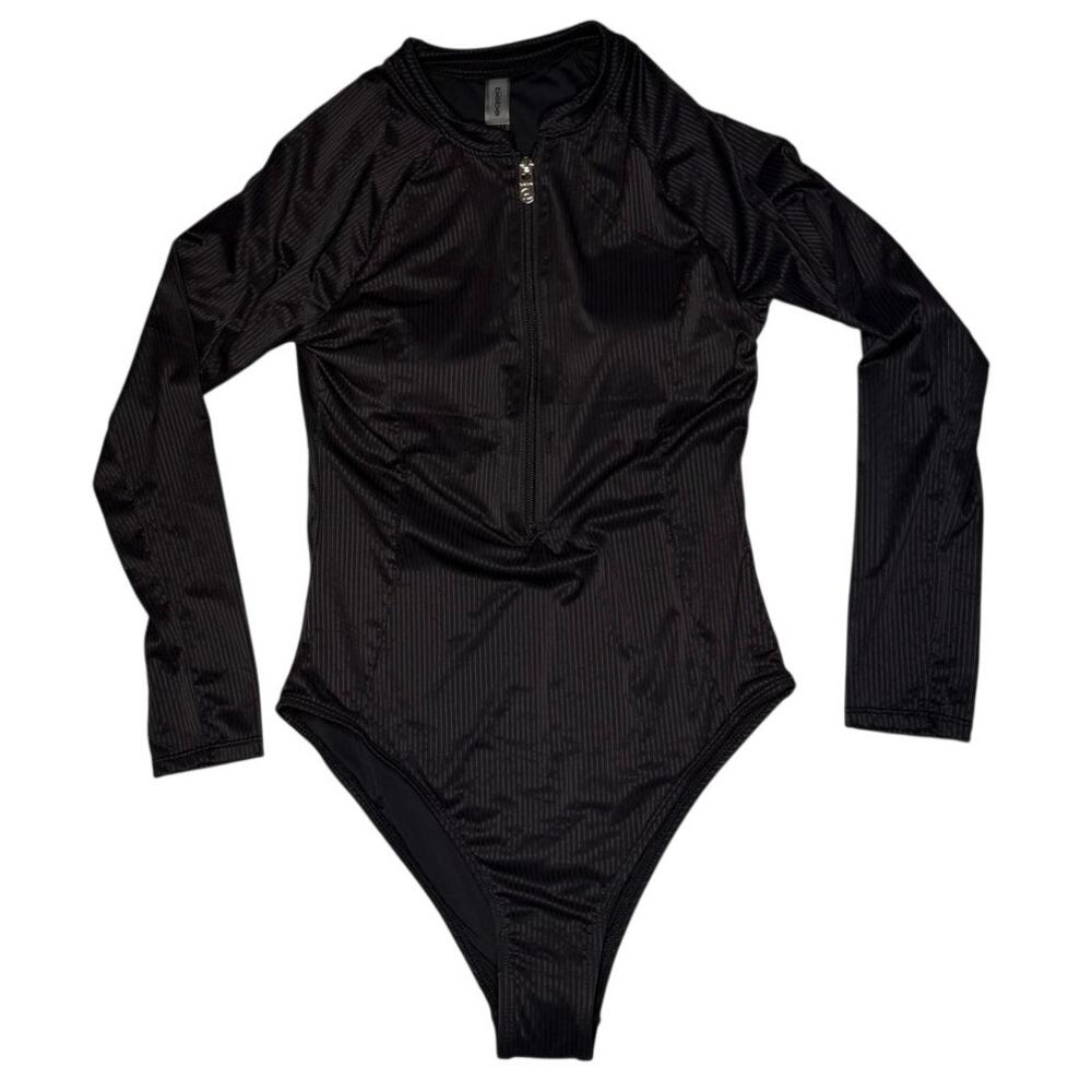 bebe Ribbed Long Sleeve Scuba Zip Up One Piece Swimsuit Sz L